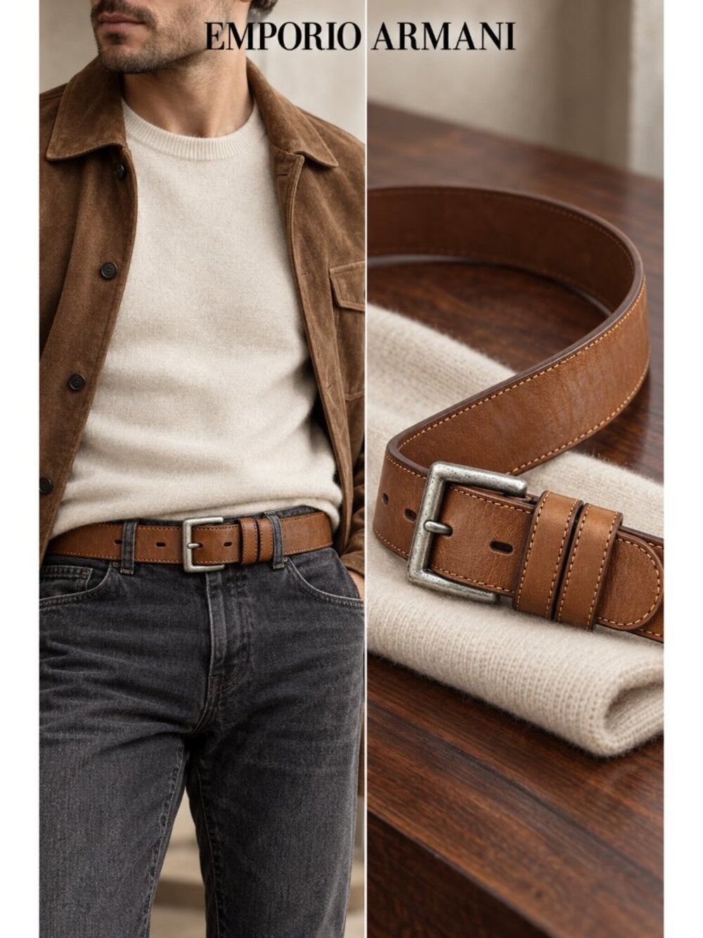 Emporio Armani Vintage Brown Genuine Leather Belt 90/36 Made in Italy